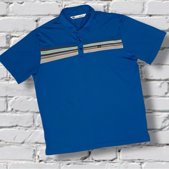 TravisMathew Men’s Polo Shirt Size L Blue Striped Golf Performance Short Sleeve - Picture 1 of 13